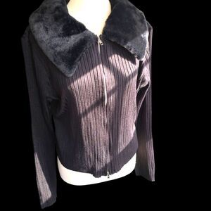 No Boundaries Black Ribbed Knit Sweater with Fur Collar